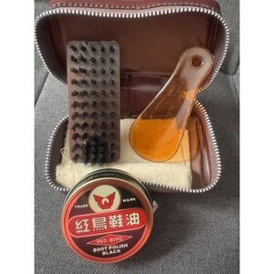 Red Bird Vintage Black Boot Shoe Polish Tavel Case-New Brush  Shoehorn‎ Cloth